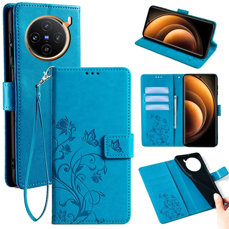 For vivo X100 5G Wallet Case Butterfly Imprinted PU Leather Wrist Strap Phone Cover - Blue