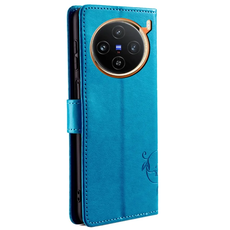 For vivo X100 5G Wallet Case Butterfly Imprinted PU Leather Wrist Strap Phone Cover - Blue