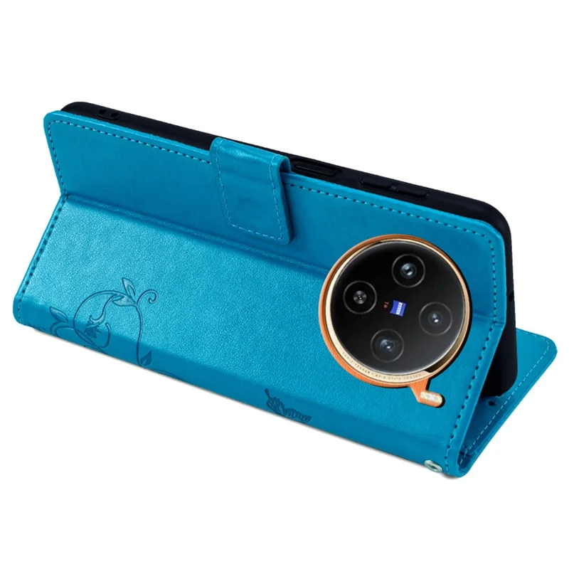 For vivo X100 5G Wallet Case Butterfly Imprinted PU Leather Wrist Strap Phone Cover - Blue