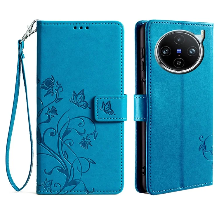 Para vivo X100 Pro 5G Case Leather Stand Protective Cover Butterfly Flower Design - Azul