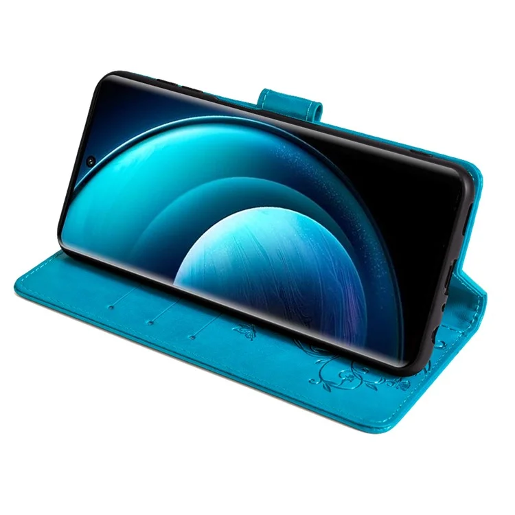 Para vivo X100 Pro 5G Case Leather Stand Protective Cover Butterfly Flower Design - Azul