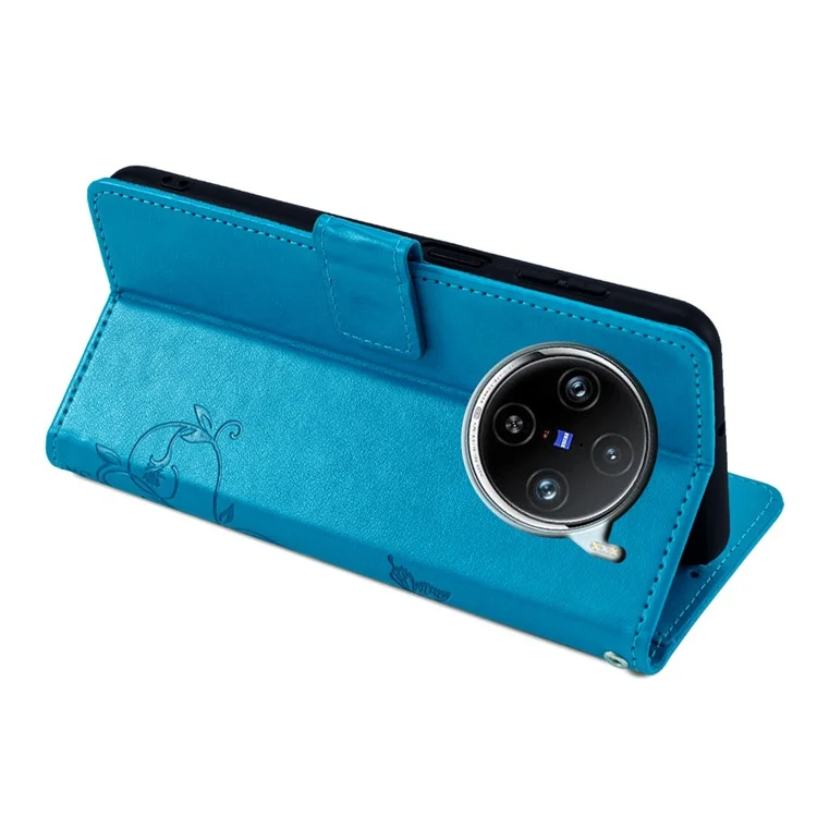 Para vivo X100 Pro 5G Case Leather Stand Protective Cover Butterfly Flower Design - Azul