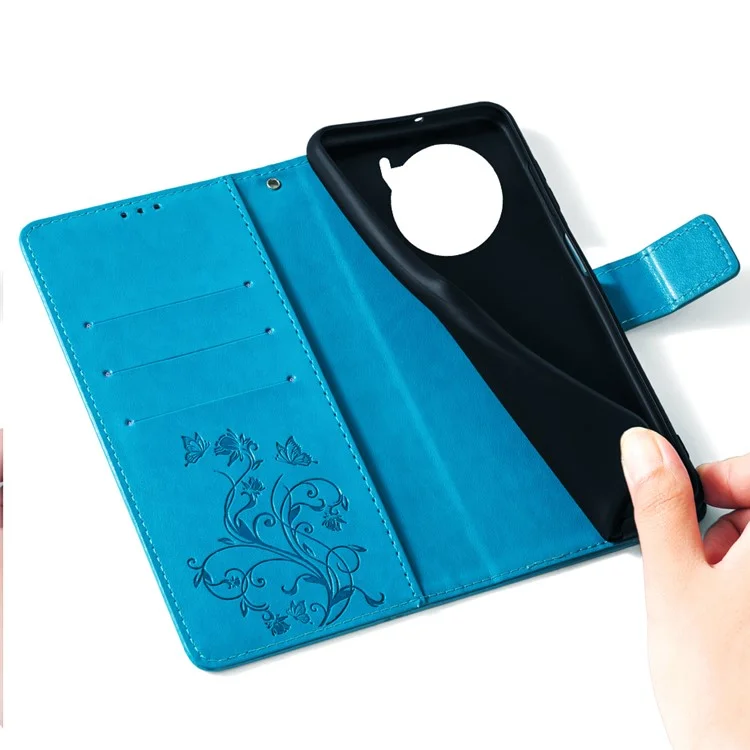 Para vivo X100 Pro 5G Case Leather Stand Protective Cover Butterfly Flower Design - Azul