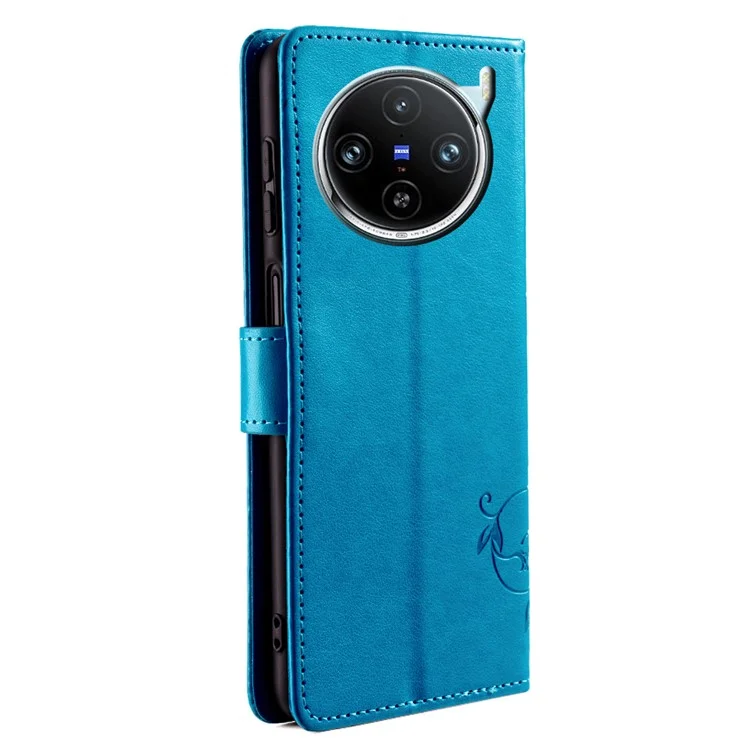 Para vivo X100 Pro 5G Case Leather Stand Protective Cover Butterfly Flower Design - Azul