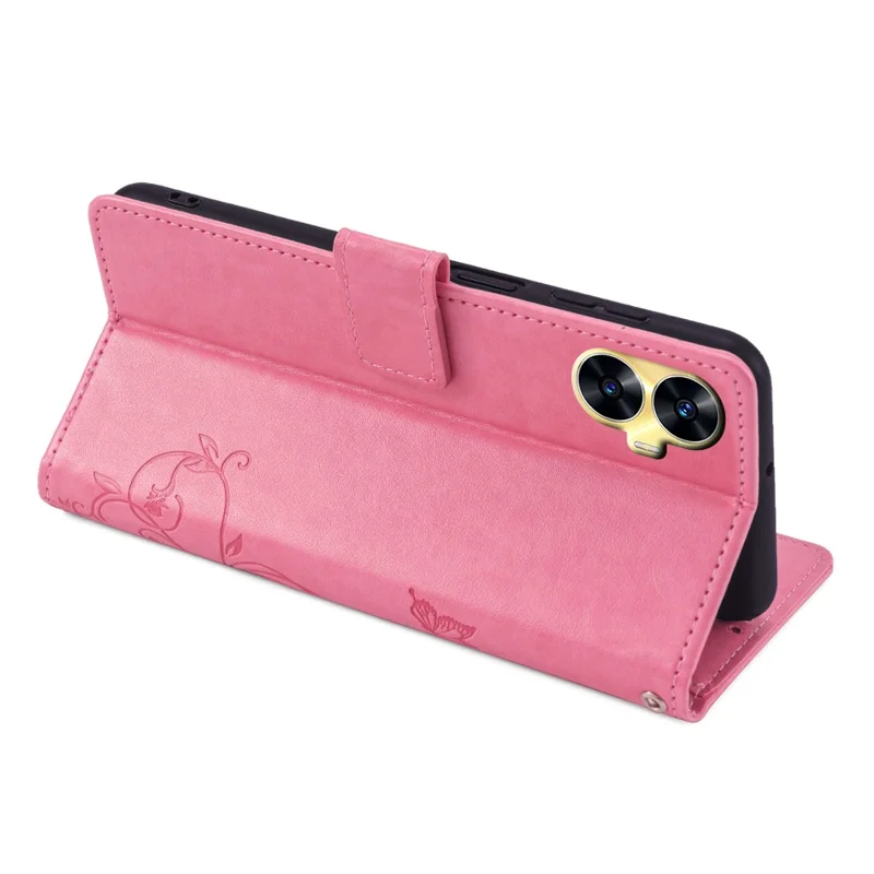 For Realme C55   Phone Shell Butterfly Flower Stand Cover Leather Phone Case - Pink