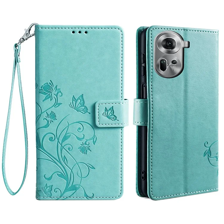 For Oppo Reno11 5G (Global) Mobile Phone Case Wholesale Butterfly Flower Folding Stand Leather Cover - Green