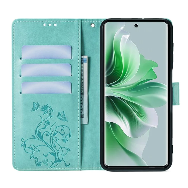 For Oppo Reno11 5G (Global) Mobile Phone Case Wholesale Butterfly Flower Folding Stand Leather Cover - Green