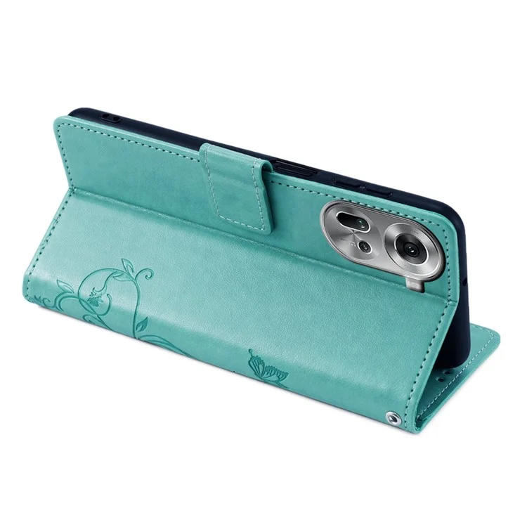 For Oppo Reno11 5G (Global) Mobile Phone Case Wholesale Butterfly Flower Folding Stand Leather Cover - Green