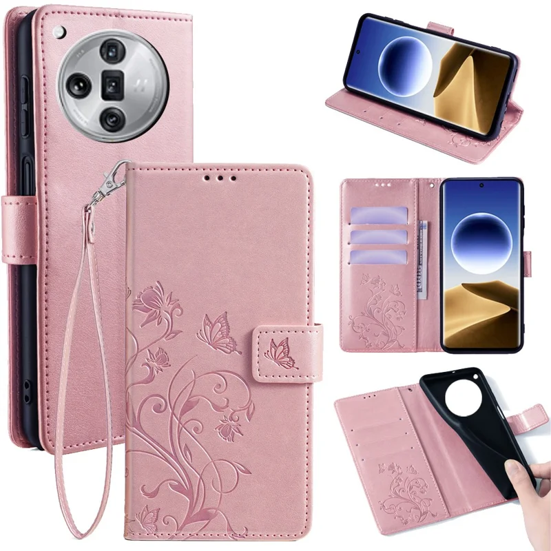 For Oppo Find X7 Ultra Case Butterfly Flower Pattern Phone Leather Cover with Wallet Stand - Rose Gold