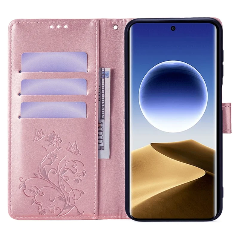 For Oppo Find X7 Ultra Case Butterfly Flower Pattern Phone Leather Cover with Wallet Stand - Rose Gold
