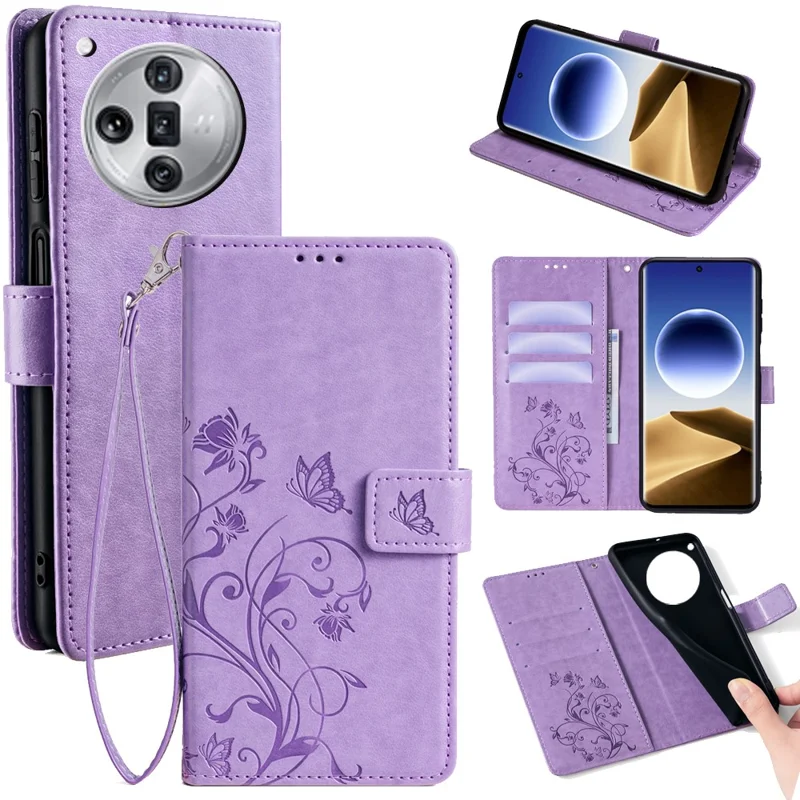 For Oppo Find X7 Ultra Case Butterfly Flower Pattern Phone Leather Cover with Wallet Stand - Purple