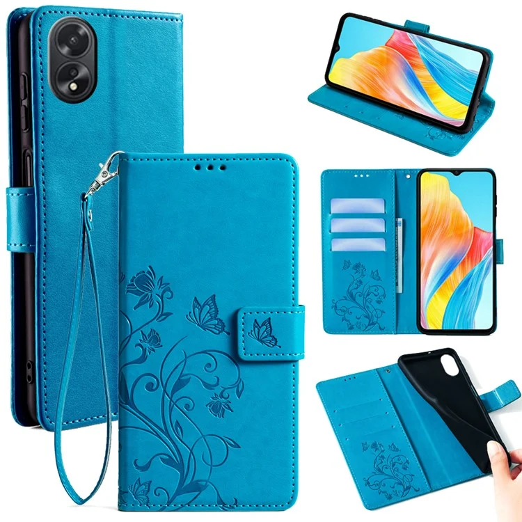 Для Oppo A38 4G / A18 4G Чехол с цветочным узором Кожаный флип-чехол для телефона с ремешком на запястье - Синий