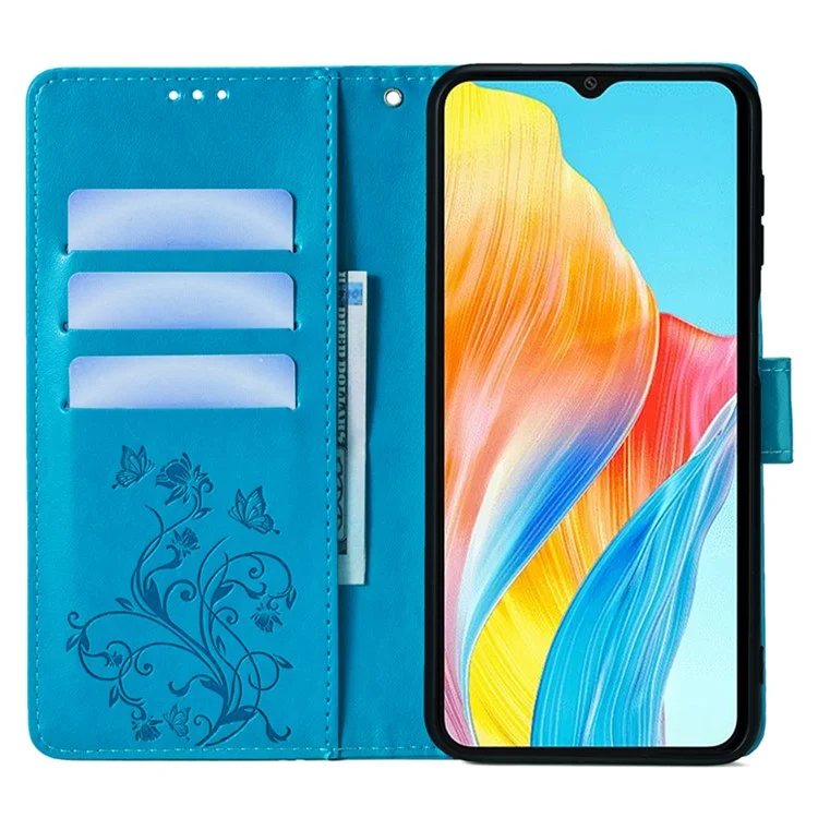 Для Oppo A38 4G / A18 4G Чехол с цветочным узором Кожаный флип-чехол для телефона с ремешком на запястье - Синий