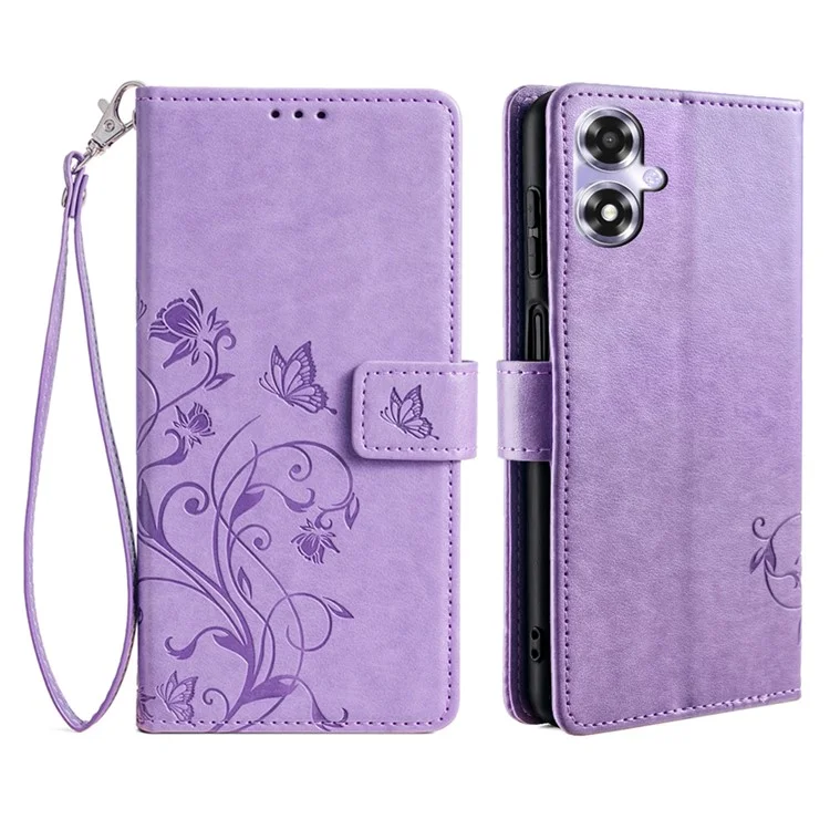 Für Oppo A2x 5G / A2m 5G Hülle Kartensteckplätze Handyhülle Schmetterling Blume PU-Leder Handyhalterung mit Riemen - Lila