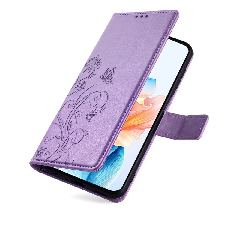 Für Oppo A2x 5G / A2m 5G Hülle Kartensteckplätze Handyhülle Schmetterling Blume PU-Leder Handyhalterung mit Riemen - Lila