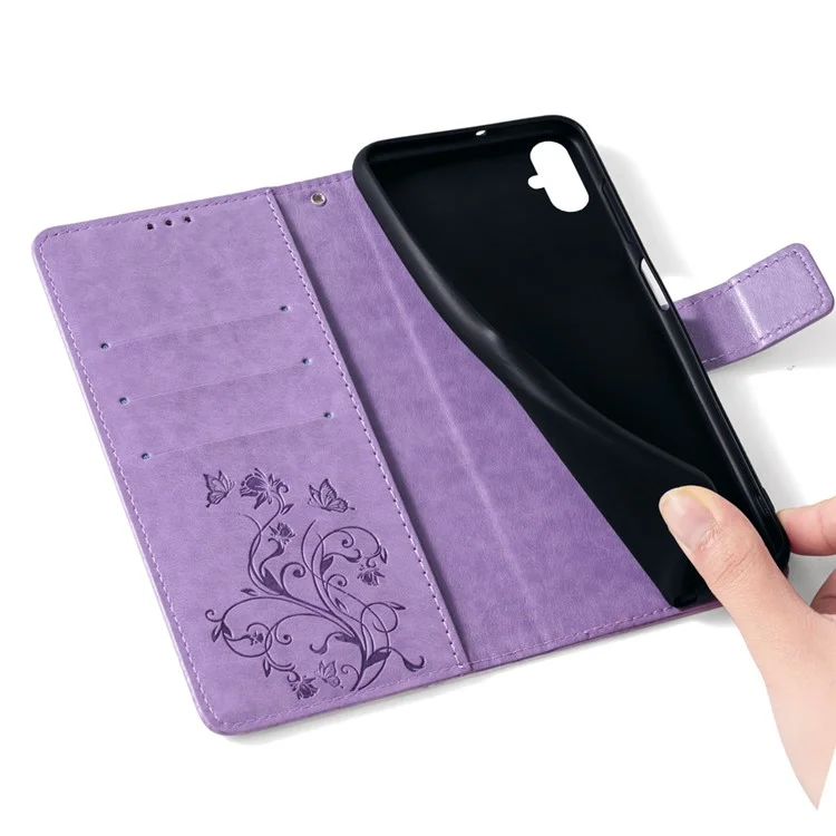 Für Oppo A2x 5G / A2m 5G Hülle Kartensteckplätze Handyhülle Schmetterling Blume PU-Leder Handyhalterung mit Riemen - Lila