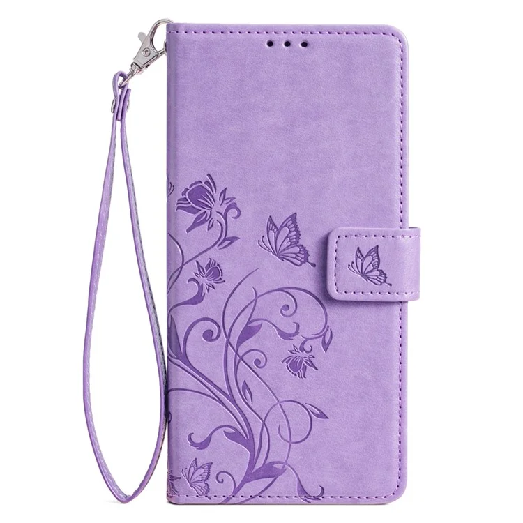 Für Oppo A2x 5G / A2m 5G Hülle Kartensteckplätze Handyhülle Schmetterling Blume PU-Leder Handyhalterung mit Riemen - Lila