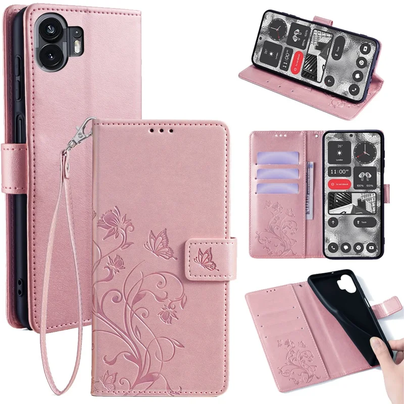 For Nothing Phone (2)   Case Butterfly Flower Stand Leather Phone Cover - Rose Gold