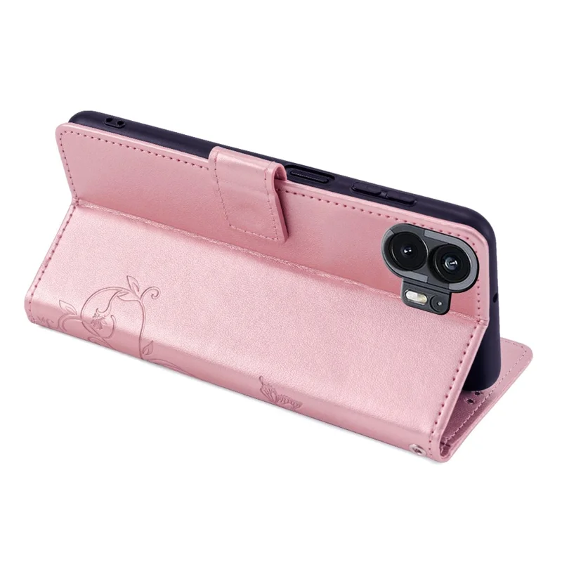 For Nothing Phone (2)   Case Butterfly Flower Stand Leather Phone Cover - Rose Gold