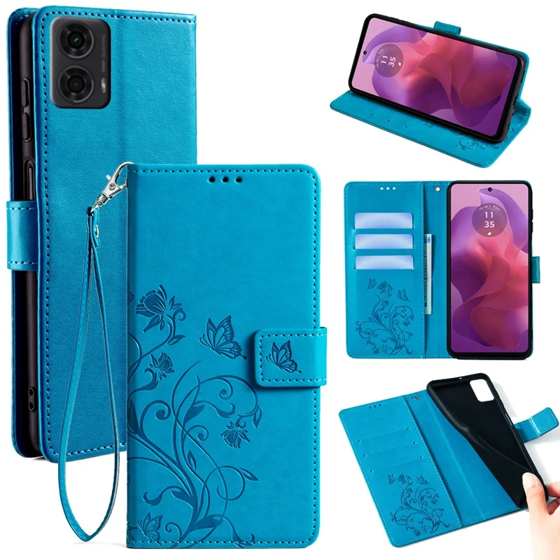 Для Motorola Moto E14 4G / G04 4G / G04s 4G / G24 4G Leather Case Wallet Card Slots Butterfly Flower Phone Cover with Strap - Blue