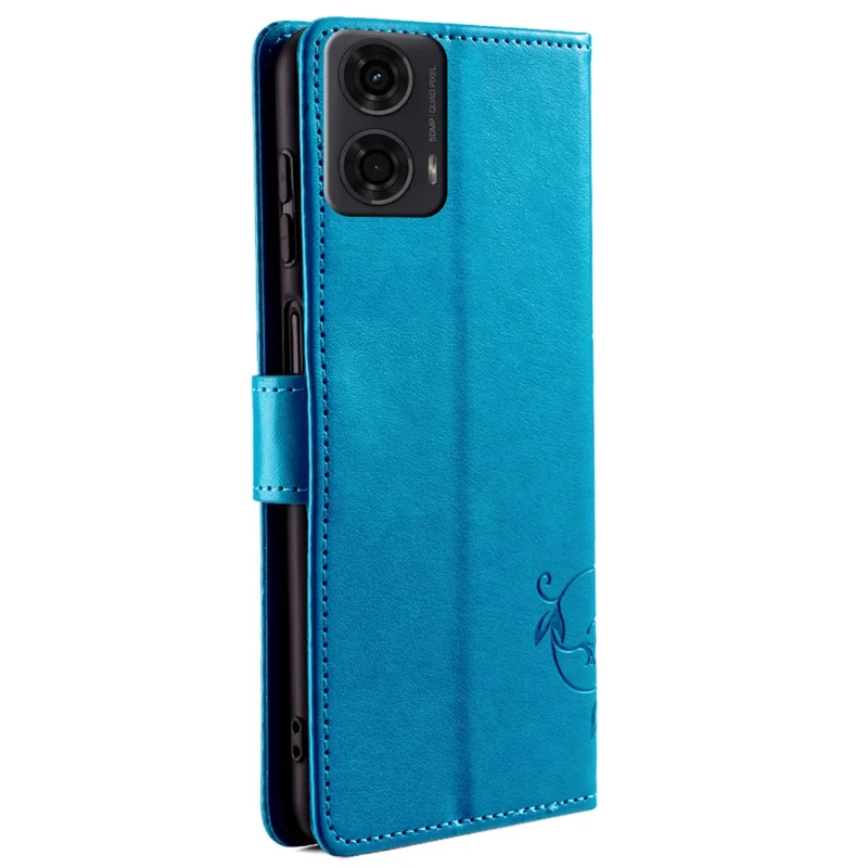 Для Motorola Moto E14 4G / G04 4G / G04s 4G / G24 4G Leather Case Wallet Card Slots Butterfly Flower Phone Cover with Strap - Blue