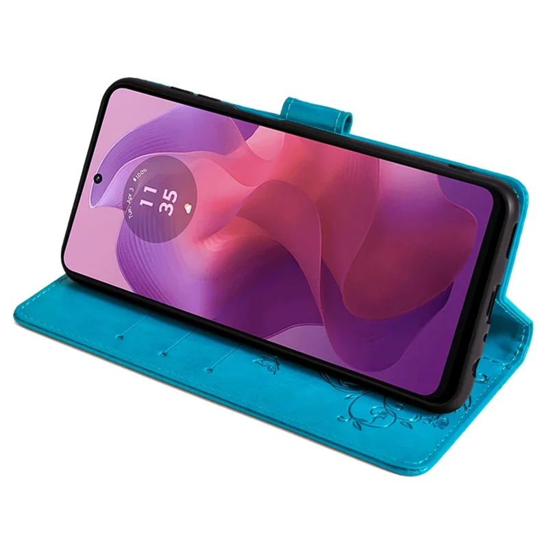 Для Motorola Moto E14 4G / G04 4G / G04s 4G / G24 4G Leather Case Wallet Card Slots Butterfly Flower Phone Cover with Strap - Blue