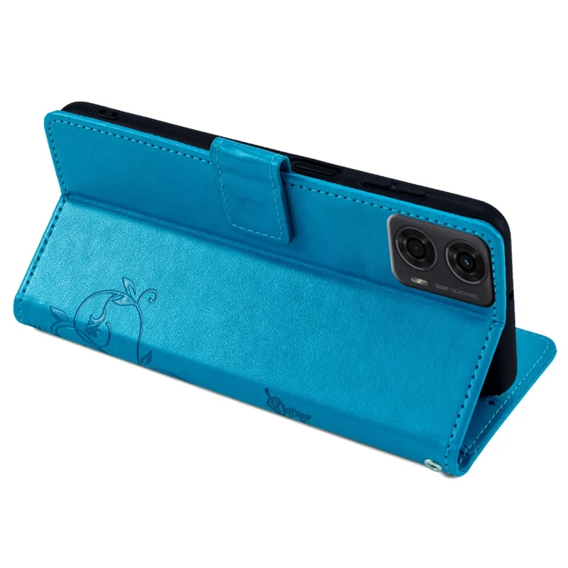 Для Motorola Moto E14 4G / G04 4G / G04s 4G / G24 4G Leather Case Wallet Card Slots Butterfly Flower Phone Cover with Strap - Blue