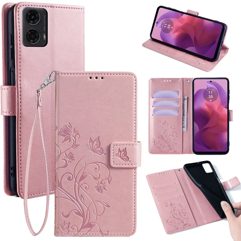 Für Motorola Moto E14 4G / G04 4G / G04s 4G / G24 4G Lederhülle Brieftasche Kartenfächer Schmetterling Blume Handyhülle mit Riemen - Roségold