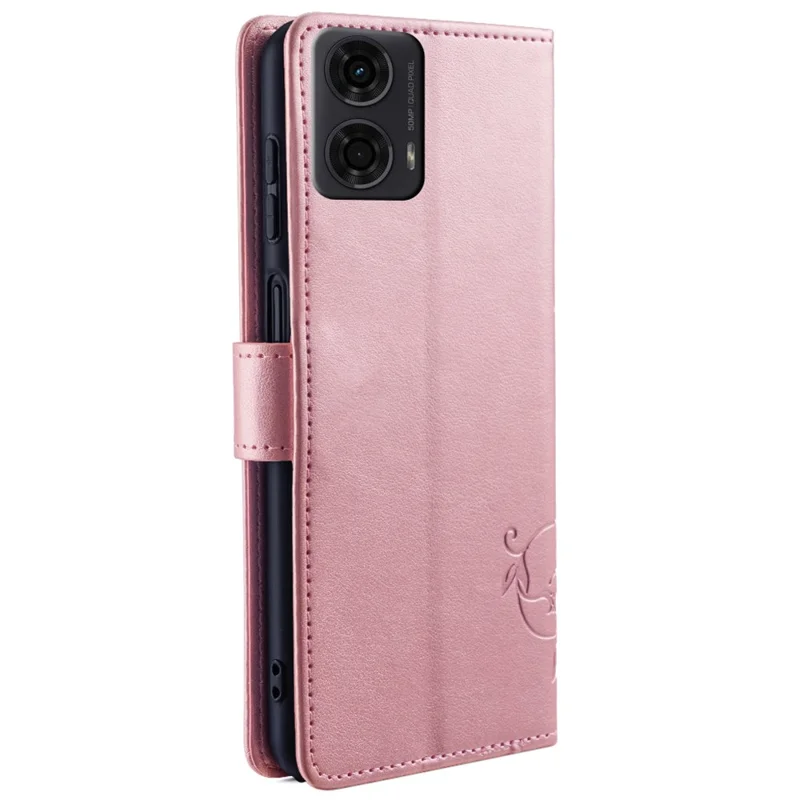 Für Motorola Moto E14 4G / G04 4G / G04s 4G / G24 4G Lederhülle Brieftasche Kartenfächer Schmetterling Blume Handyhülle mit Riemen - Roségold