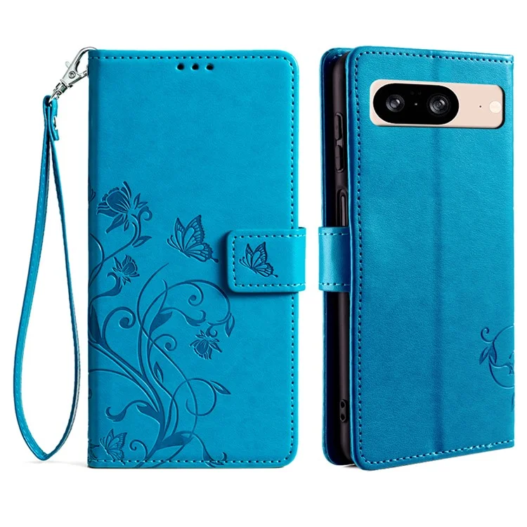 For Google Pixel 8 Leather Case Butterfly Flower Phone Cover Wholesale with Magnetic Closure - Blue