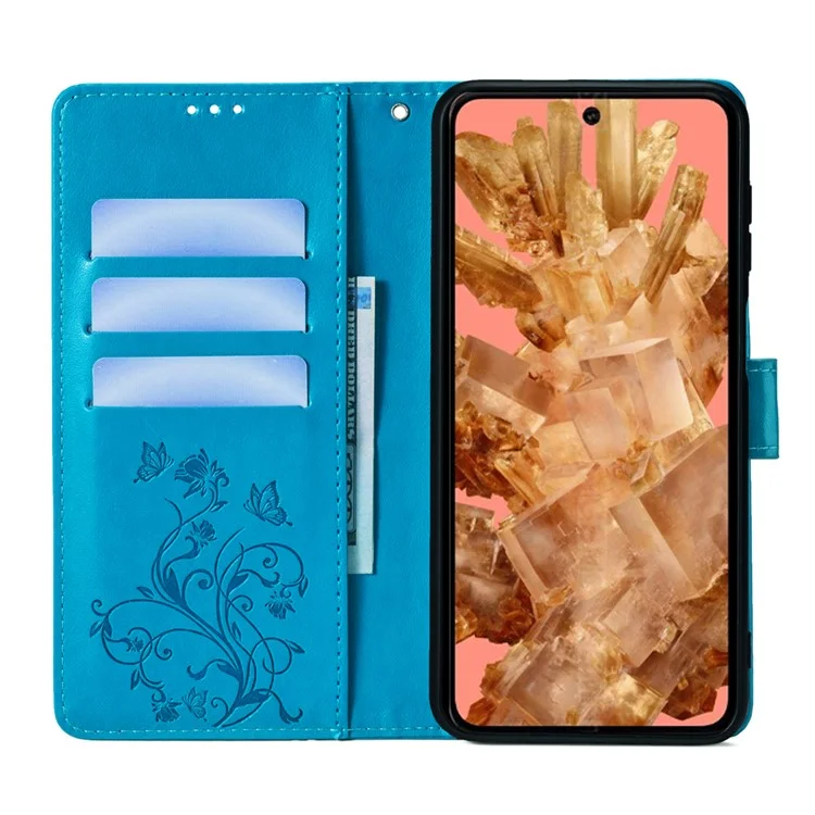 For Google Pixel 8 Leather Case Butterfly Flower Phone Cover Wholesale with Magnetic Closure - Blue