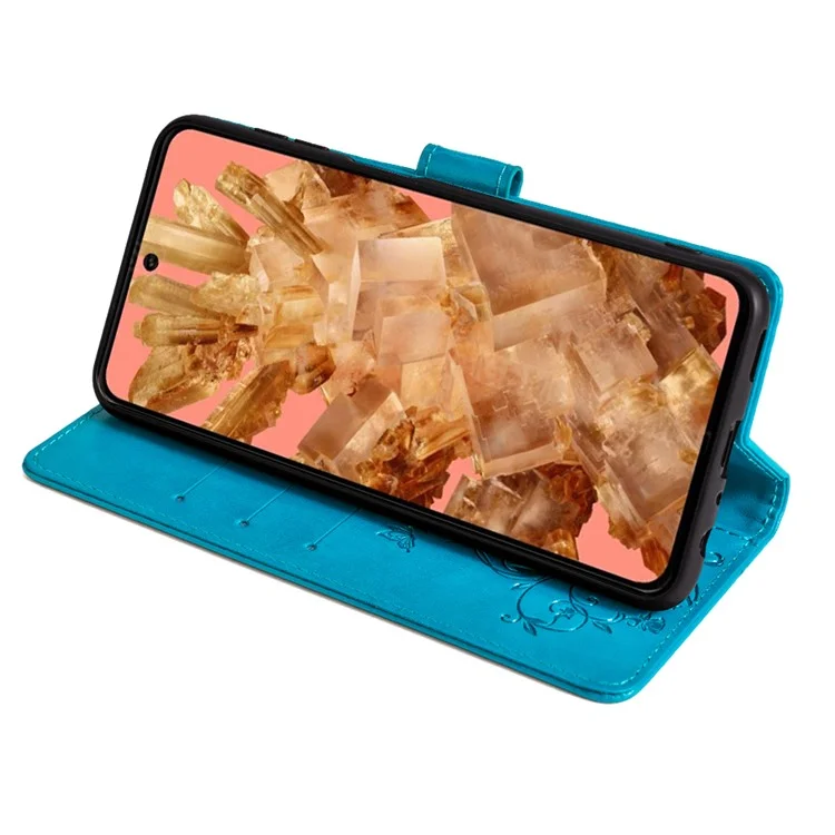 For Google Pixel 8 Leather Case Butterfly Flower Phone Cover Wholesale with Magnetic Closure - Blue