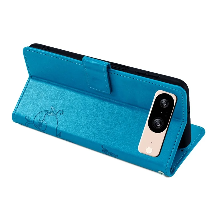 For Google Pixel 8 Leather Case Butterfly Flower Phone Cover Wholesale with Magnetic Closure - Blue