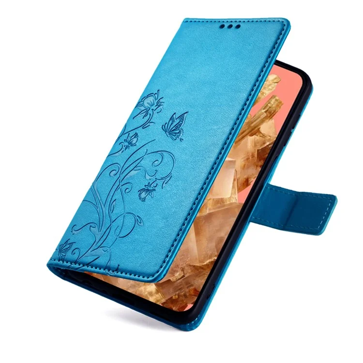 For Google Pixel 8 Leather Case Butterfly Flower Phone Cover Wholesale with Magnetic Closure - Blue