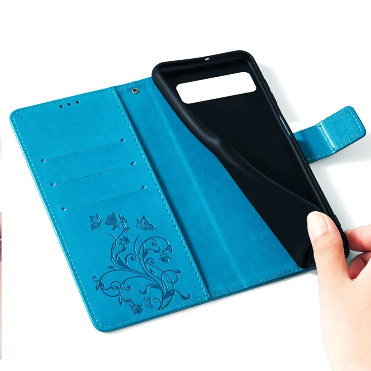 For Google Pixel 8 Leather Case Butterfly Flower Phone Cover Wholesale with Magnetic Closure - Blue