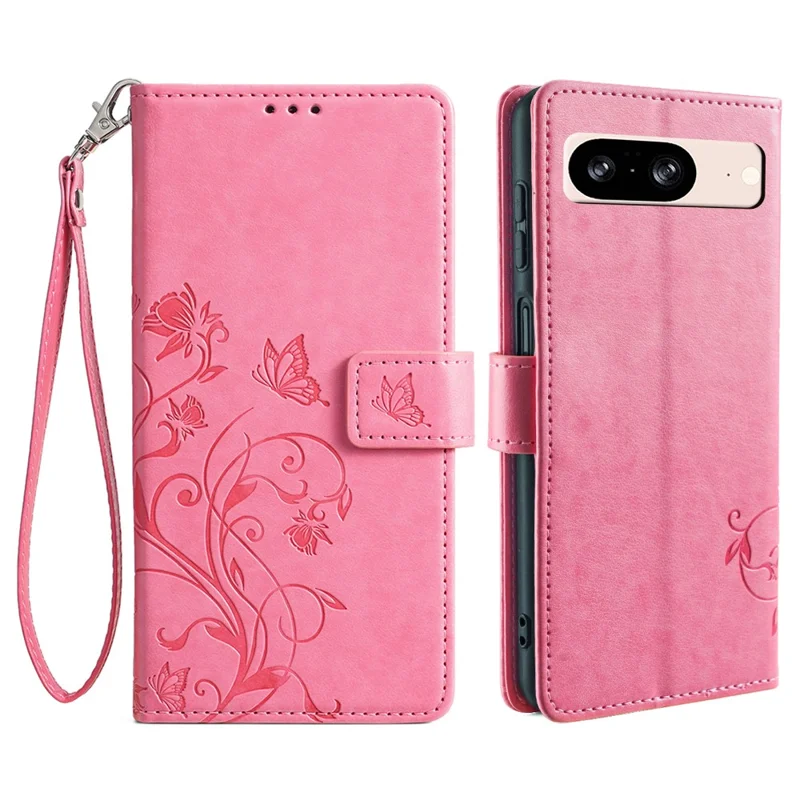 For Google Pixel 8 Leather Case Butterfly Flower Phone Cover   with Magnetic Closure - Pink