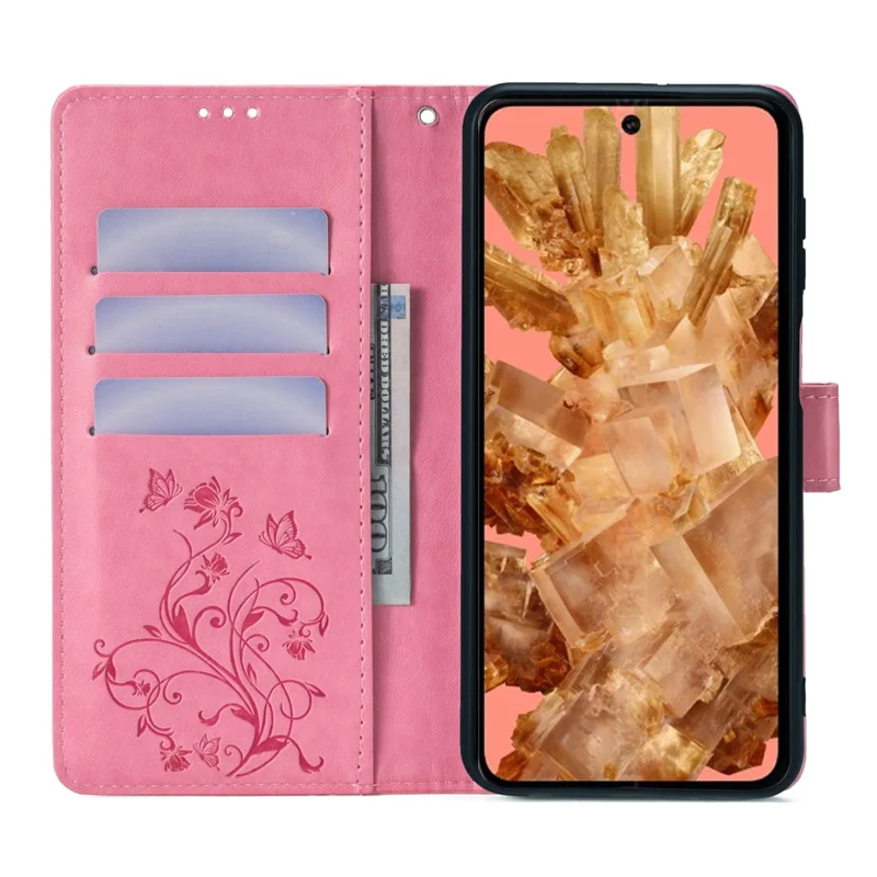 For Google Pixel 8 Leather Case Butterfly Flower Phone Cover   with Magnetic Closure - Pink