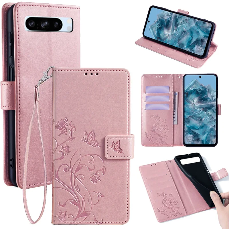 For Google Pixel 8 Pro Case PU Leather Butterfly Flower Imprinted Wallet Phone Folio Cover - Rose Gold