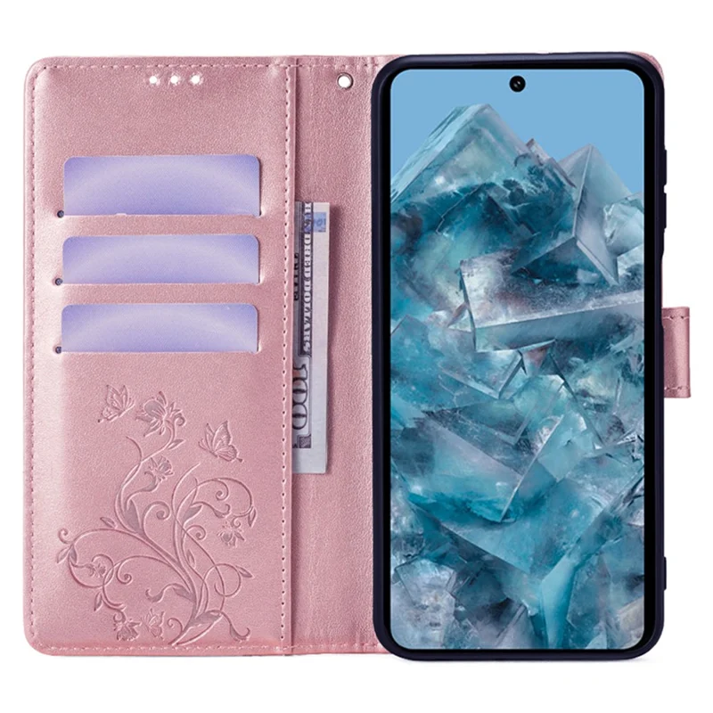 For Google Pixel 8 Pro Case PU Leather Butterfly Flower Imprinted Wallet Phone Folio Cover - Rose Gold