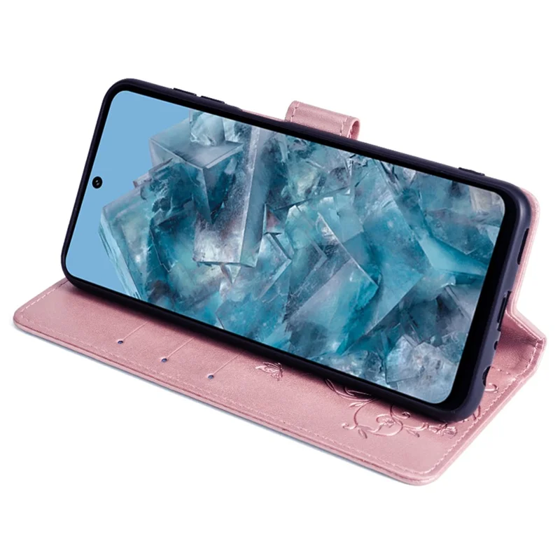 For Google Pixel 8 Pro Case PU Leather Butterfly Flower Imprinted Wallet Phone Folio Cover - Rose Gold