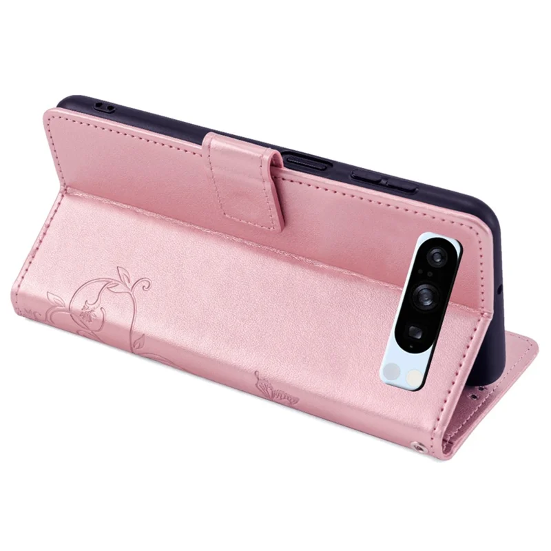 For Google Pixel 8 Pro Case PU Leather Butterfly Flower Imprinted Wallet Phone Folio Cover - Rose Gold