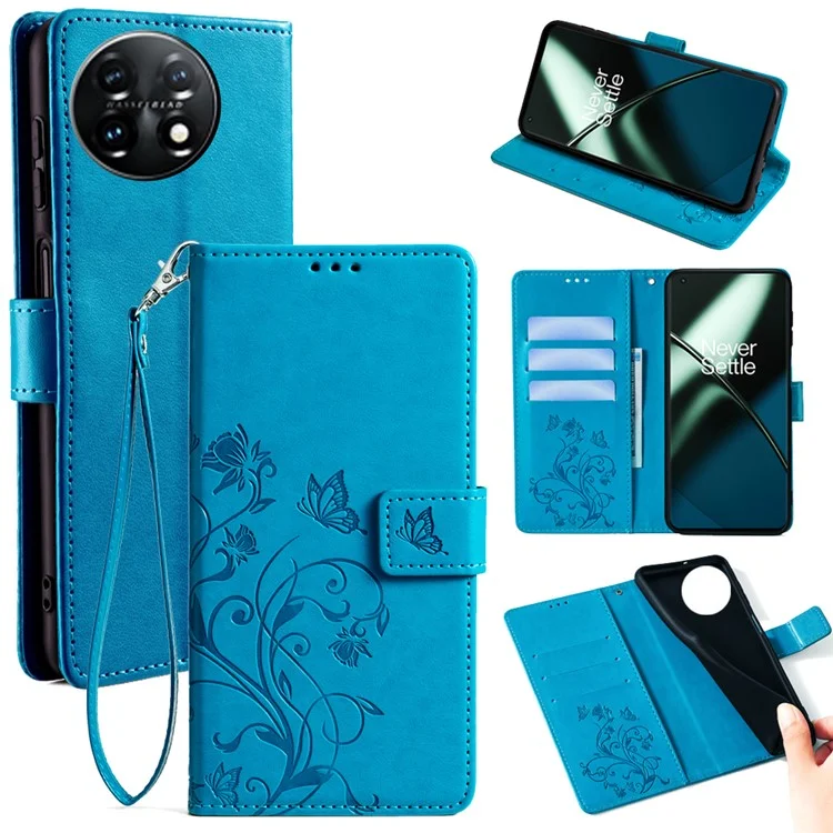 Funda para OnePlus 11 5G con estampado de mariposas y flores, de piel sintética con tapa y 3 ranuras para tarjetas - Azul