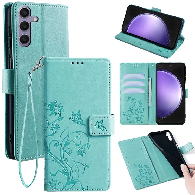 Para Samsung Galaxy S23 FE Case Butterfly Flower Imprinted Leather Phone Cover com Alça de Pulso - Verde