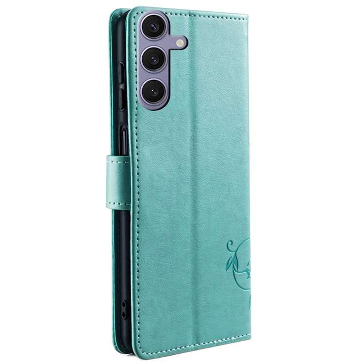Para Samsung Galaxy S23 FE Case Butterfly Flower Imprinted Leather Phone Cover com Alça de Pulso - Verde