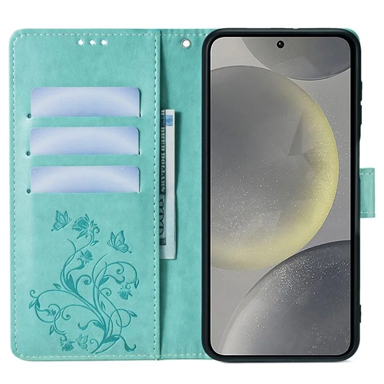 Para Samsung Galaxy S23 FE Case Butterfly Flower Imprinted Leather Phone Cover com Alça de Pulso - Verde