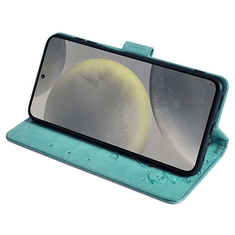 Para Samsung Galaxy S23 FE Case Butterfly Flower Imprinted Leather Phone Cover com Alça de Pulso - Verde