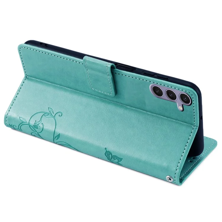 Para Samsung Galaxy S23 FE Case Butterfly Flower Imprinted Leather Phone Cover com Alça de Pulso - Verde