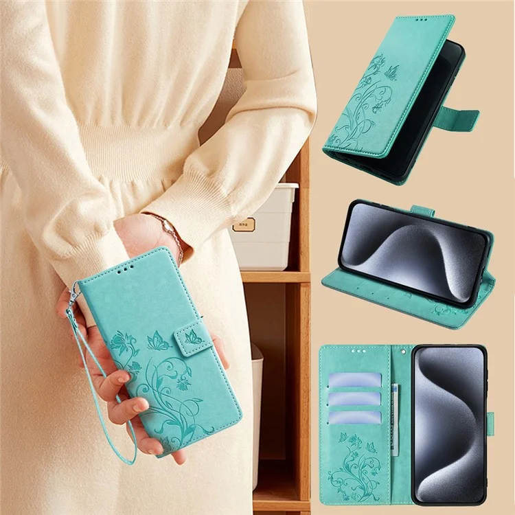 Para Samsung Galaxy S23 FE Case Butterfly Flower Imprinted Leather Phone Cover com Alça de Pulso - Verde