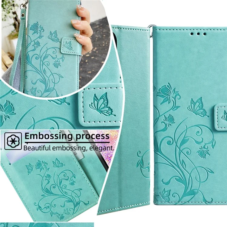Para Samsung Galaxy S23 FE Case Butterfly Flower Imprinted Leather Phone Cover com Alça de Pulso - Verde