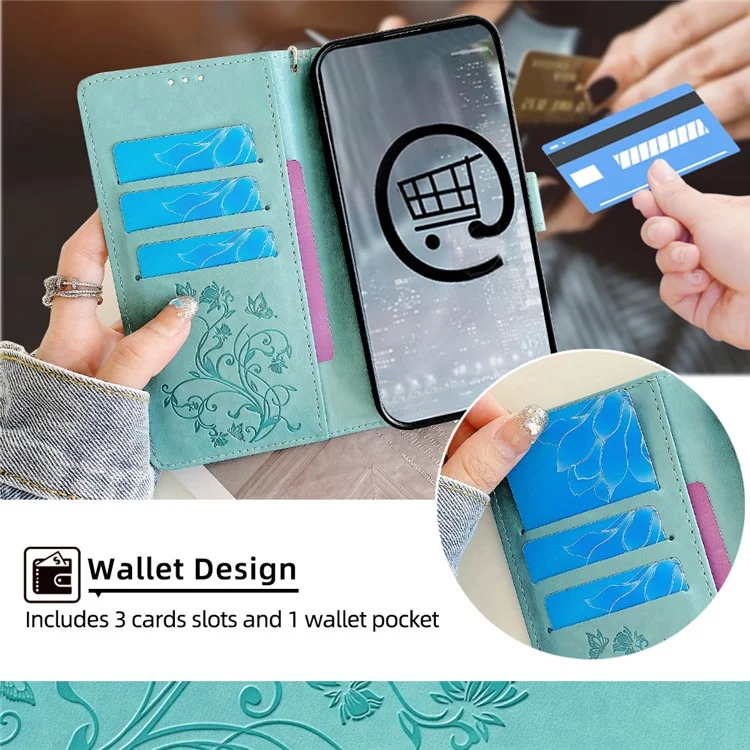 Para Samsung Galaxy S23 FE Case Butterfly Flower Imprinted Leather Phone Cover com Alça de Pulso - Verde